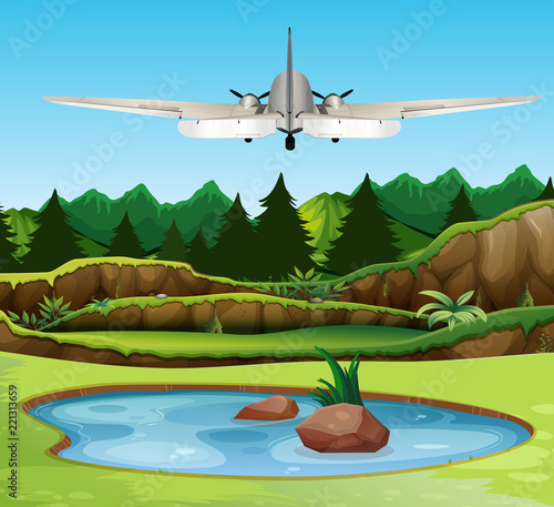 Airplan flying over the forest