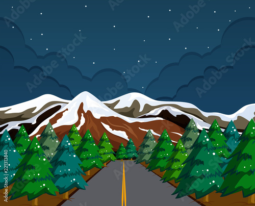 Snow mountain landscape at night