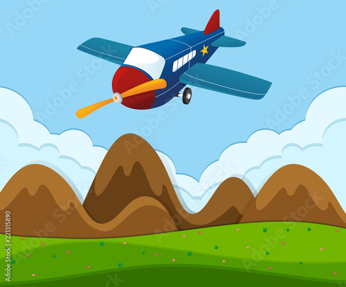 Airplane flying over the green landscape