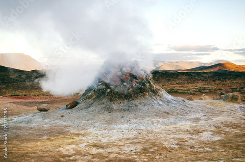 Fumaroles in Namafjall Hverir geothermal area in Iceland photo