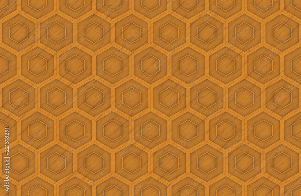 3d rendering. modern seamless borwn wood panel in hexagonal shape pattern wall background.