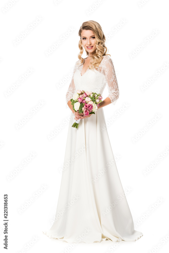 young bride with bouquet looking at camera isolated on white young bride with bouquet looking at camera isolated on white