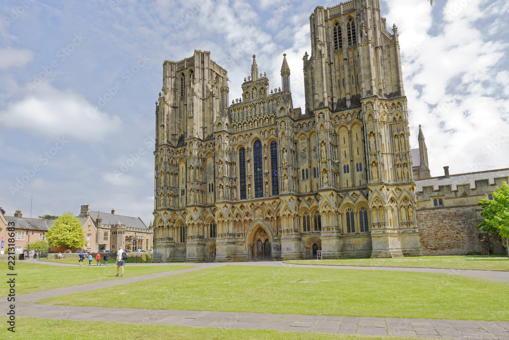 View from Cathedral Green of the beautiful medieval Wells Cathedral in Wells, Somerset, England