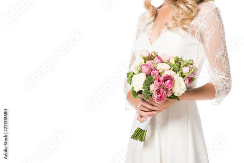 cropped shot of bride holding beautiful bouquet isolated on white