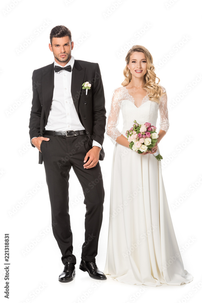 attractive happy young bride and groom isolated on white attractive happy young bride and groom isolated on white