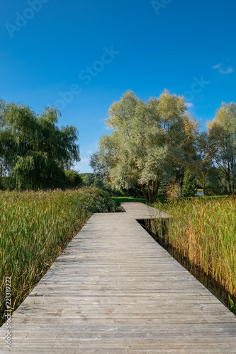Fototapeta Naklejka Na Ścianę i Meble -  Wooden ecological footpath, footbridge over the beautiful lake.