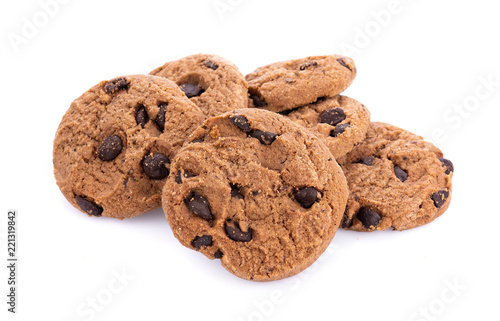 Chocolate chip cookie in bolwl on white background