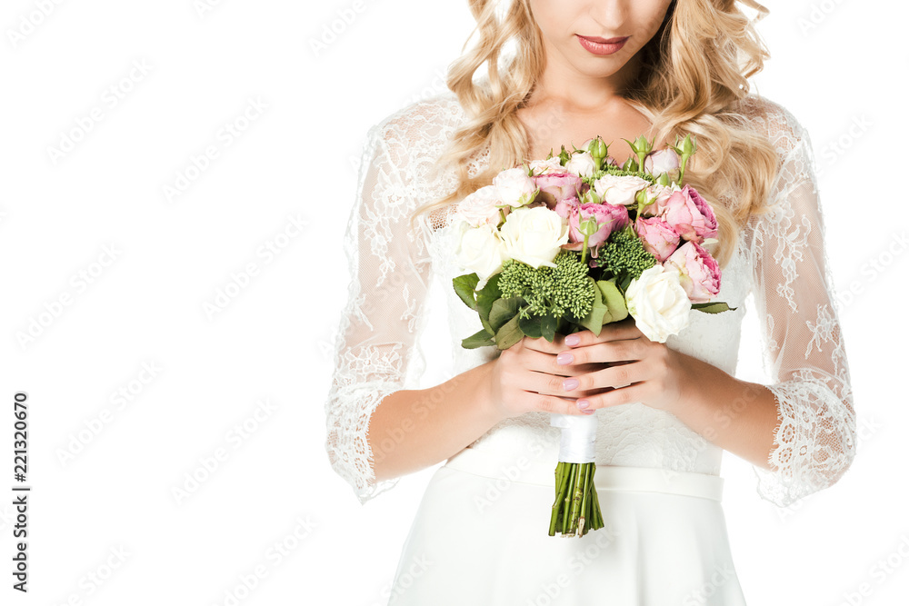 cropped shot of young bride with bridal bouquet isolated on white cropped shot of young bride with bridal bouquet isolated on white