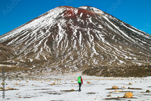 Active volcanic mountain Mt. Ngauruhoe and adventurous mountain hiker back view with backpack, Tongariro crossing, Tongariro National Park, North Island of New Zealand photo