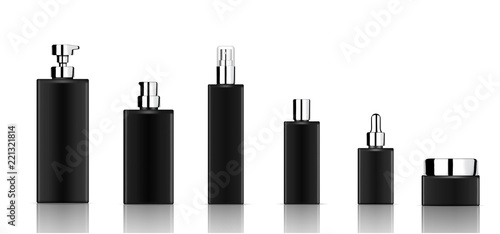 Mock up Realistic Black Cosmetic Soap, Shampoo, Cream, Oil Dropper and Spray Bottles Set for Skincare Product with Metallic Cap on white Background Illustration
