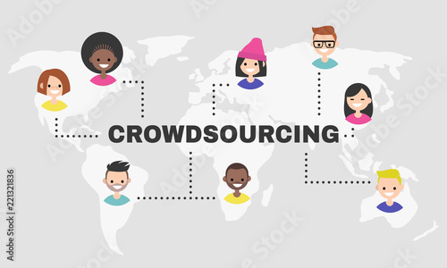 Crowdsourcing platform. World map. Millennial professionals. Project work. Flat editable vector illustration, clip art