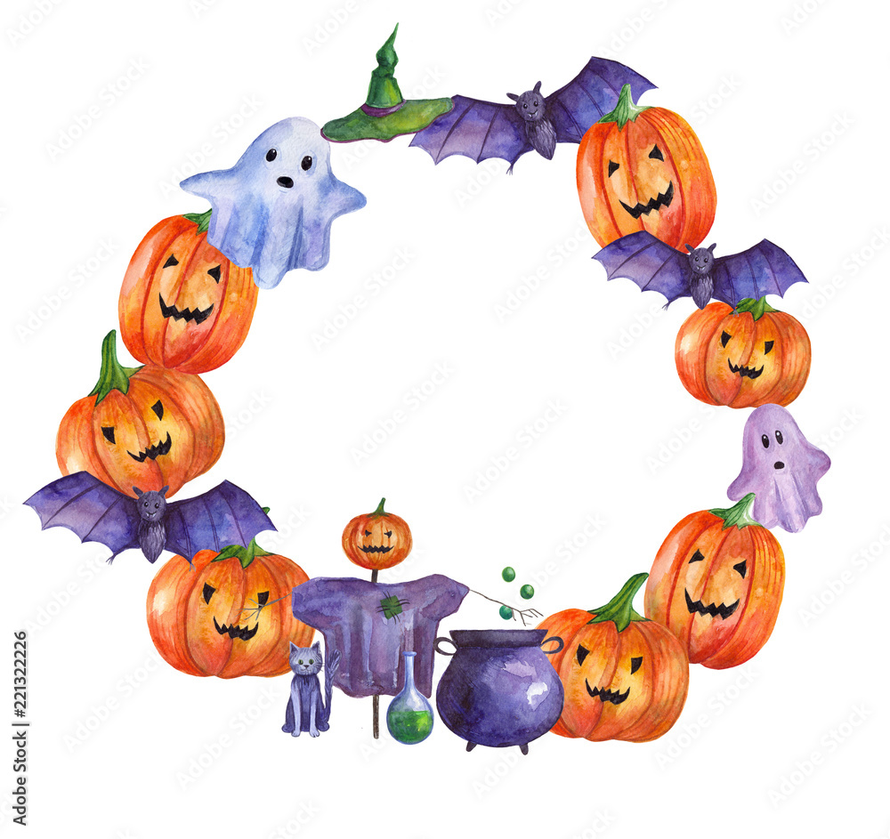 Naklejka premium watercolor frame with pumpkins and ghosts for halloween