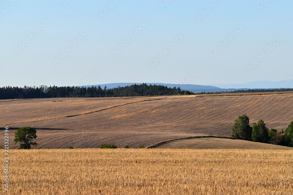 Rural landscape with agricultural fields. The field is harvested. Landscape at sunset. Hilly terrain.