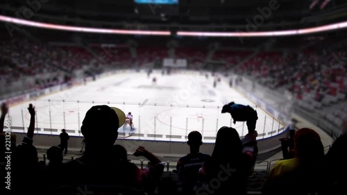 Silhouettes of fans in the background of a hockey stadium.