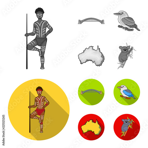 Aborigine with a spear, Sydney Harbor Bridge, kookabarra on a branch, the territory of the country.Australia set collection icons in monochrome,flat style vector symbol stock illustration web. photo