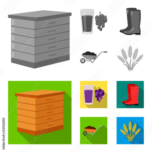 Hive, grapes, boots, wheelbarrow.Farm set collection icons in monochrome,flat style vector symbol stock illustration web.