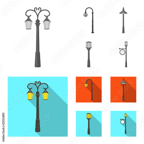 Lamppost in retro style,modern lantern, torch and other types of streetlights. Lamppost set collection icons in monochrome,flat style vector symbol stock illustration web.