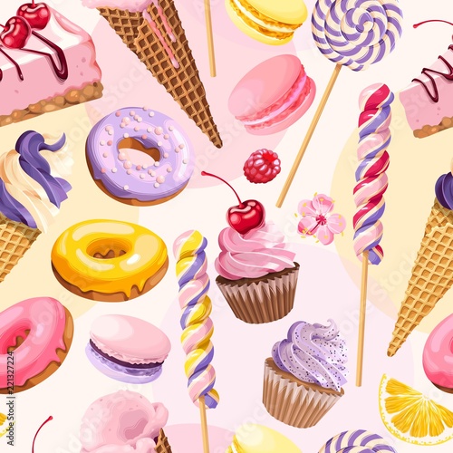 Seamless pattern with pink and lilac sweets