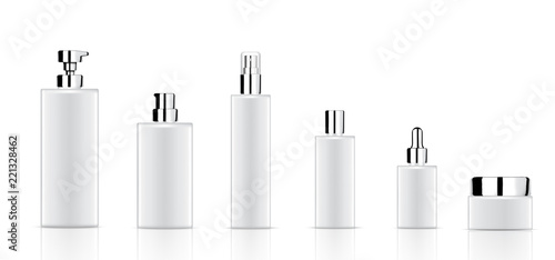 Mock up Realistic White Cosmetic Soap, Shampoo, Cream, Oil Dropper and Spray Bottles Set for Skincare Product with Metallic Cap on white Background Illustration