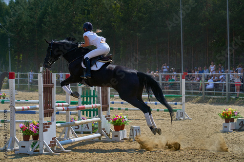 A young woman jockey on a horse performs a jump across the barrier. Competitions in equestrian sport.