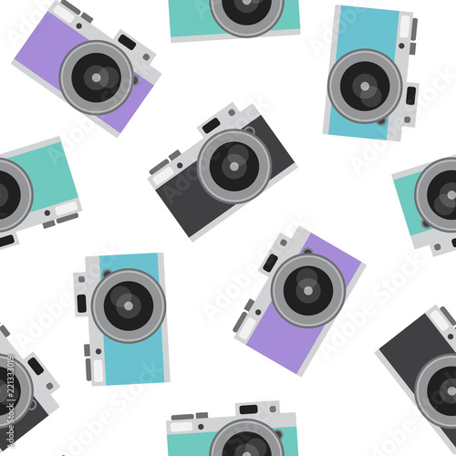 turquoise, blue, purple and dark gray black retro camera pattern seamless vintage photo hipster vector