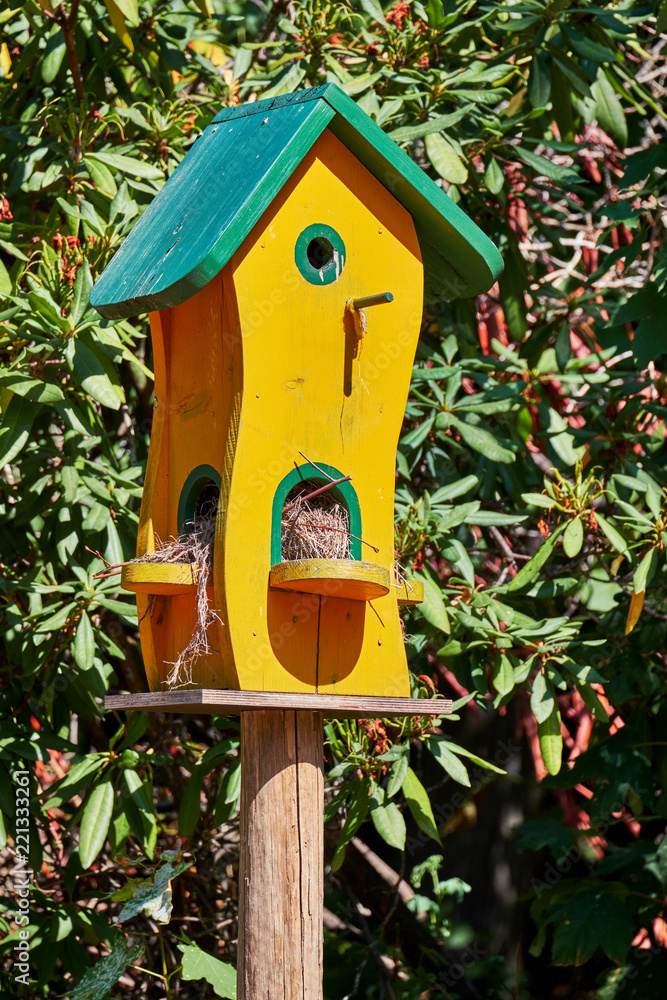 Custom made cute bird house painted in yellow and green in front of a hedge on a pole made of wood with multiple entrances.