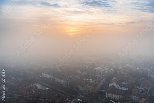 Sunset and fog in Ljubljana
