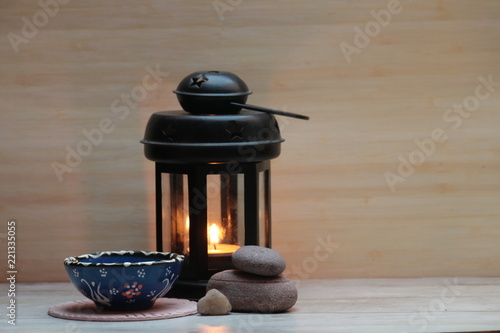 lamp and bowl with tea