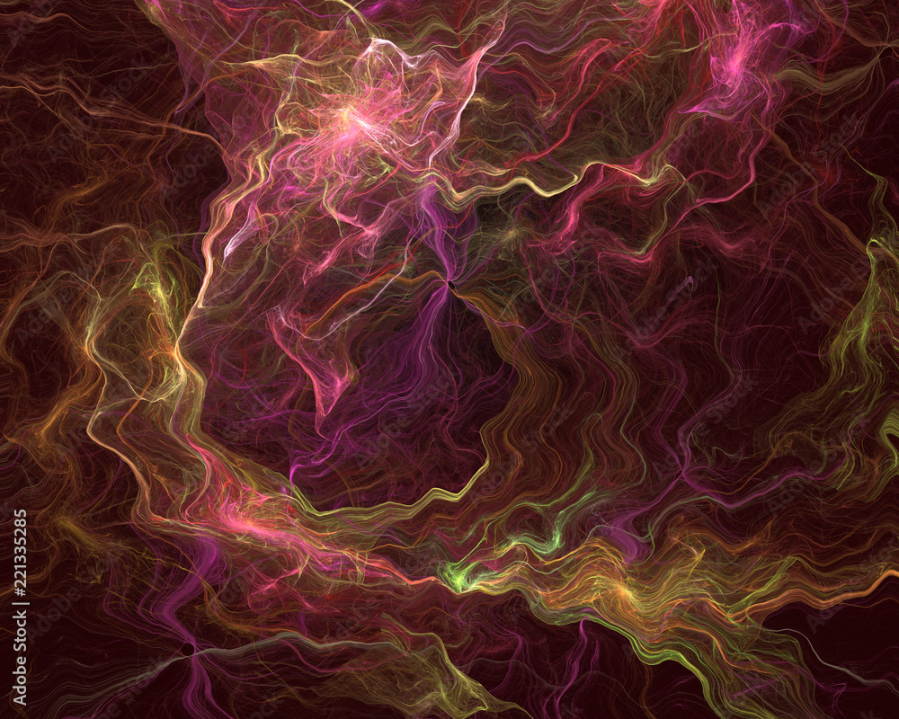Abstrct Digital Artwork. The theme of the cosmos and the universe. Beautiful fantastic nebula with plasma filaments on a dark background of space. Technologies of fractal graphics.