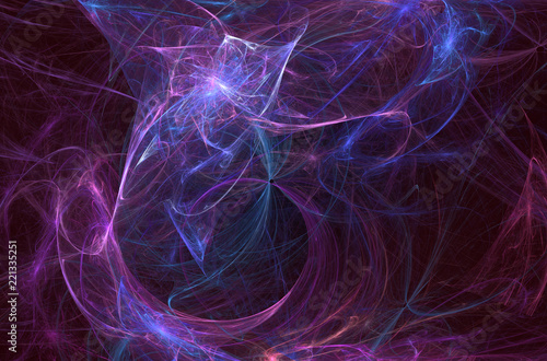 Abstrct Digital Artwork. The theme of the cosmos and the universe. Beautiful fantastic nebula with plasma filaments on a dark background of space. Technologies of fractal graphics.