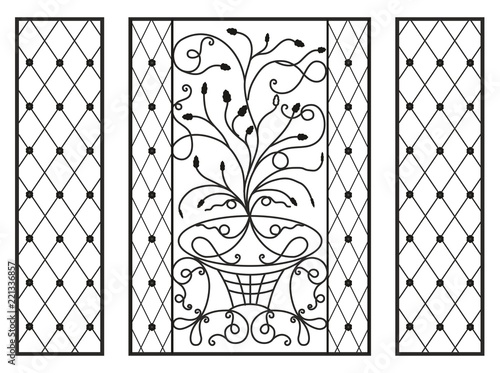 Wrought iron modules, plants, floral ornament, symmetry, fences, railings, window grilles isolated on white background