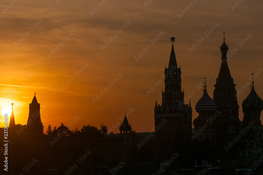 Silhouette of the Moscow Kremlin and St. Vasil Cathedral at sunset, Moscow, Russia