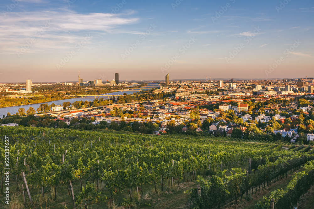 View from vineyards over Nussdorf and Danube with VIC in the background