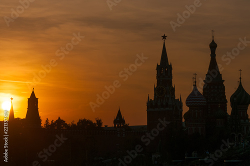 Silhouette of the Moscow Kremlin and St. Vasil Cathedral at sunset  Moscow  Russia