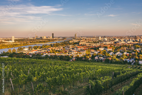 Canvas Print View from vineyards over Nussdorf and Danube with VIC in the background