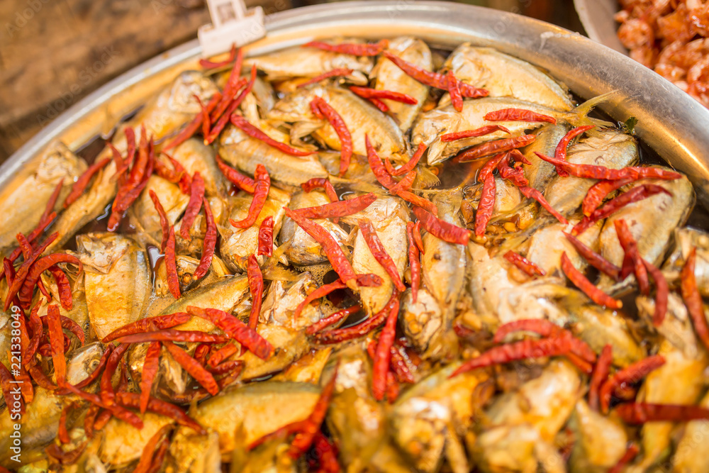 Sweet and sour tamarind mackerels soup, delicious and tasty traditional Thai Asian seafood, local Thai food.