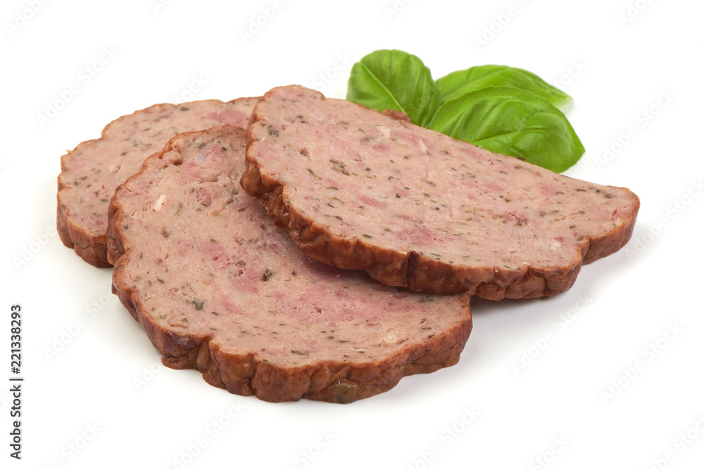 Traditional baked meatloaf slices with basil leaves, isolated on white background.