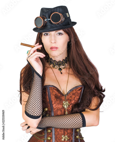 Sexy teampunk girl with cigar on white photo