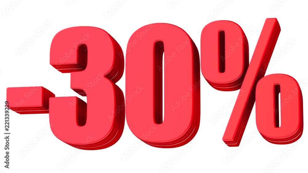 30 percent discount 3d animation red text symbol isolated on white background in 4k 30 percent discount 3d animation red text symbol isolated on white background in 4k