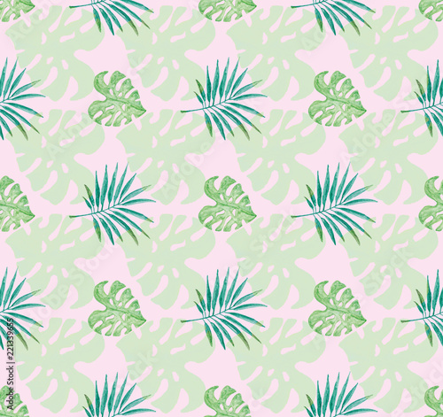 Tropical pattern with pink background and watercolor painted green leaves and palm