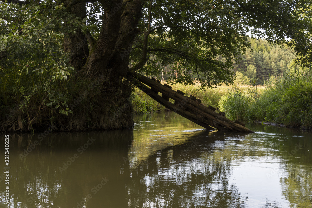 The old broken Bridge over River in wild nature. The old broken Bridge over River in wild nature.