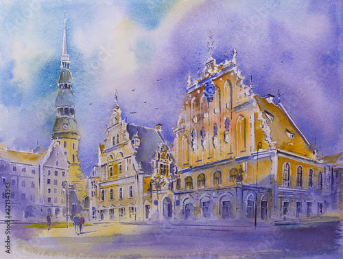 Watercolor painting House of the Blackheads in the old town of Riga Latvia Melngalvju nams, Schwarzh upterhaus St. Peter's Church and Ryga town hall cityscape drawing a UNESCO World Heritage Site