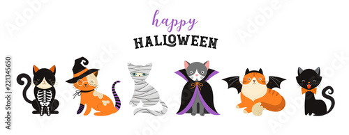 Happy Halloween - cats in monsters costumes, Halloween party. Vector illustration, banner, elements set