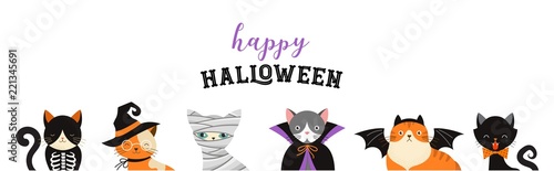 Happy Halloween - cats in monsters costumes, Halloween party. Vector illustration, banner, elements set