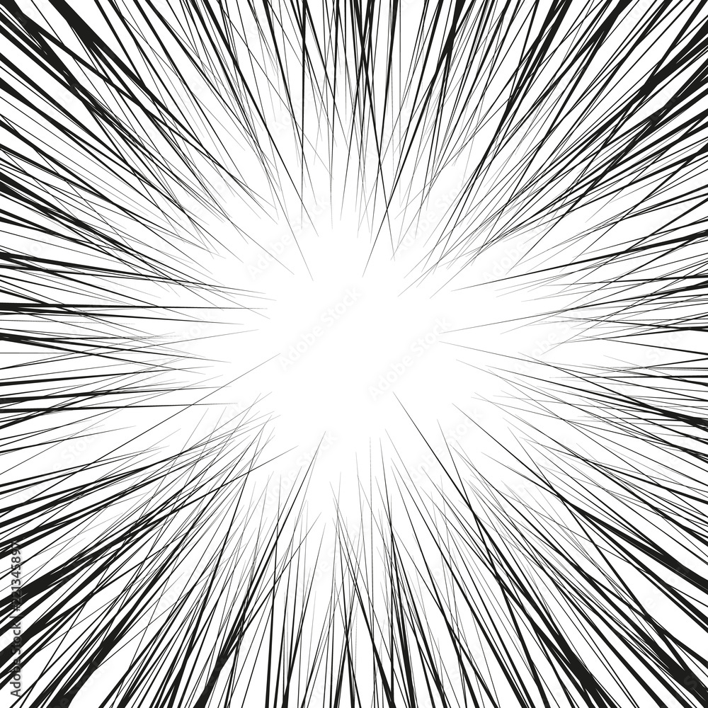 Obraz premium Comic book black and white radial lines background. Manga speed frame.Superhero action. Explosion vector illustration. Square stamp.