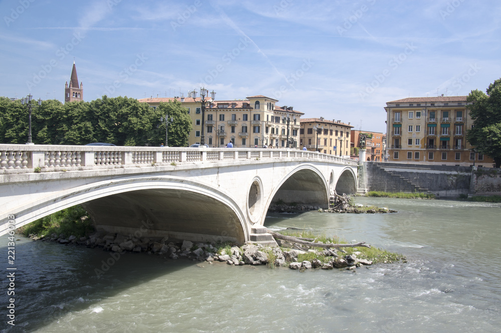 Ponte della Vittoria old historic bridge over the Adige river in Verona city center