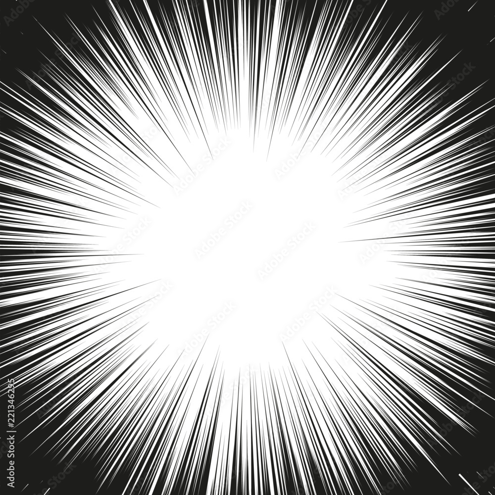 Obraz premium Comic book black and white radial lines background. Manga speed frame.Superhero action. Explosion vector illustration. Square stamp.