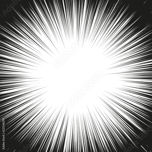 Comic book black and white radial lines background. Manga speed frame.Superhero action. Explosion vector illustration. Square stamp.