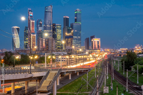 Car traffic in front of Business center Moscow City. Evening view © mihrzn