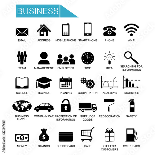 Business icons: phone, adress, money, credit card, gft for customers, overheads, 
cooperation... 